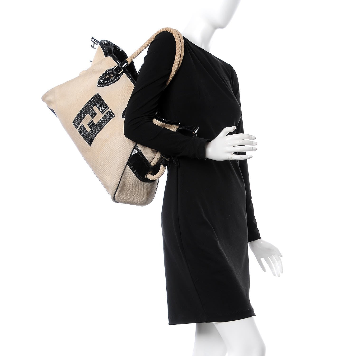 Fendi Canvas Patent Grommet De Jour Tote Natural 3 of 22