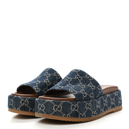 Gucci New Denim GG Monogram Angelina Platform 55mm Slide Sandals 37.5 Blue Tea 3 of 12