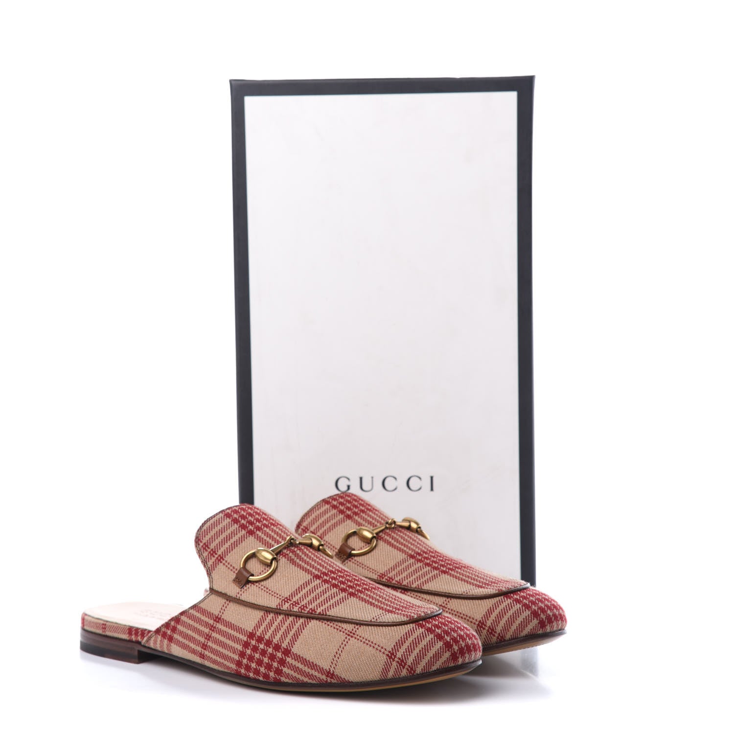 Gucci Canvas Tartan Mens Princetown Slippers 8.5 Camel Red Cuir 8 of 9