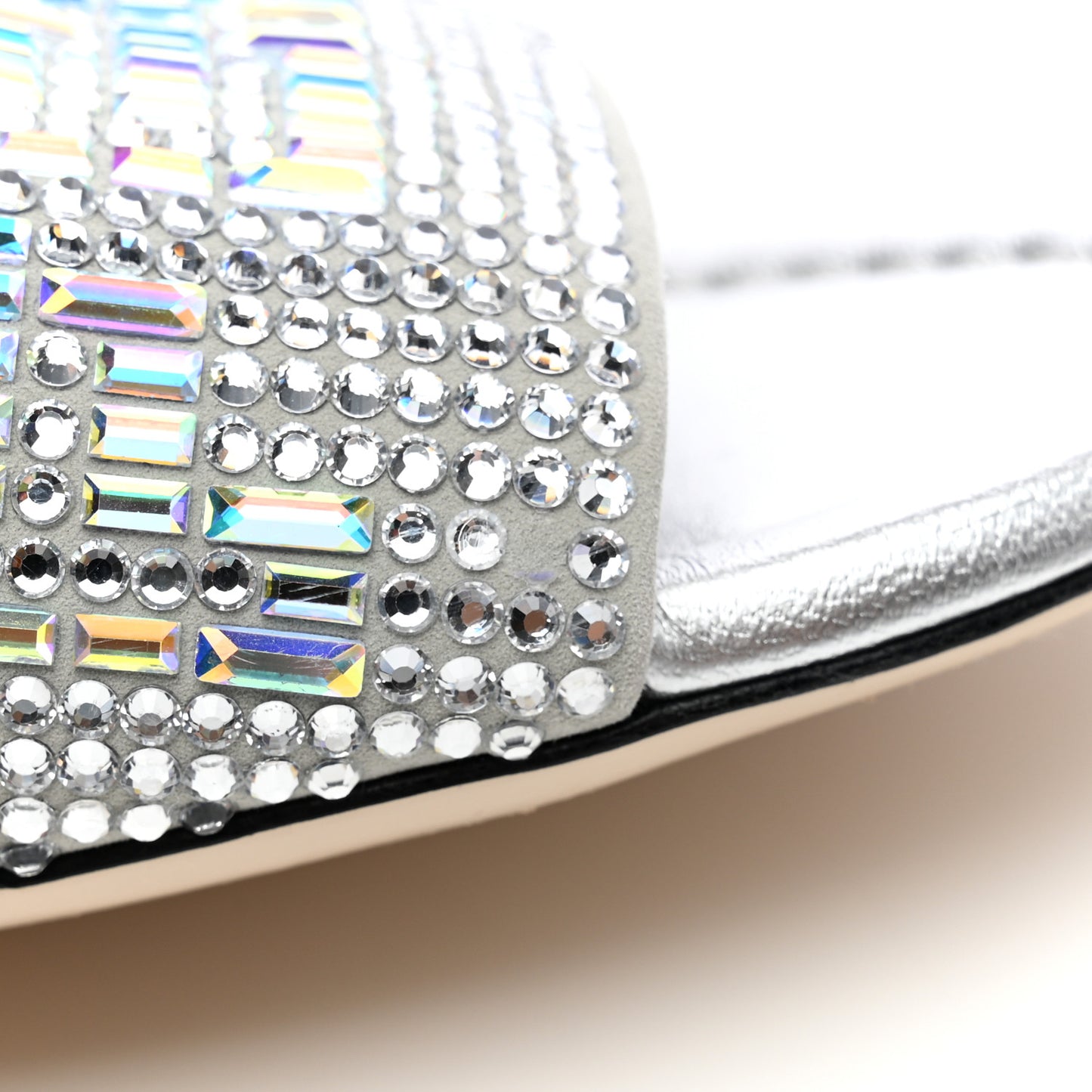 Laminated Goatskin Baguette Crystal Embroidered Signature Flat Slide Sandals 39 Silver