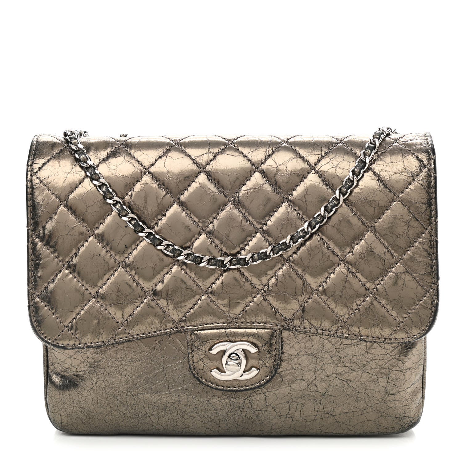 Chanel Metallic Crackled Calfskin Medium Clam's Pocket Flap Dark Silver 1 of 11