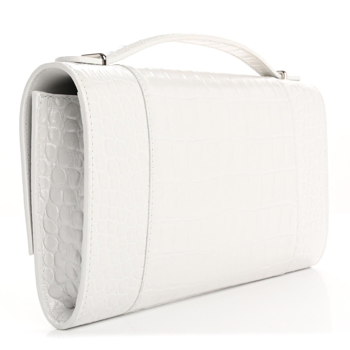 Shiny Calfskin Crocodile Embossed Top Handle Hourglass Clutch White