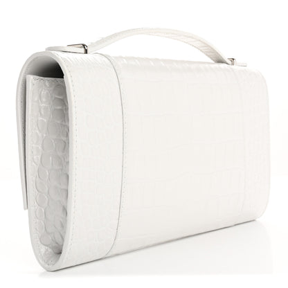 Balenciaga Shiny Calfskin Crocodile Embossed Top Handle Hourglass Clutch White 3 of 12