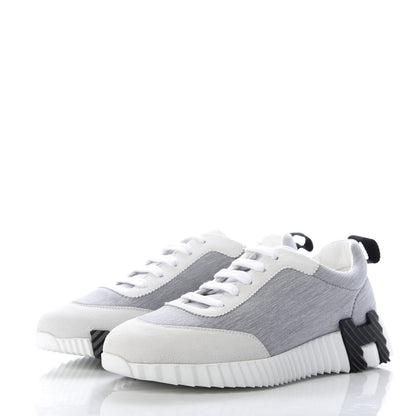 Hermes Technical Canvas Suede Goatskin Bouncing Sneakers 37 Gris White 3 of 9