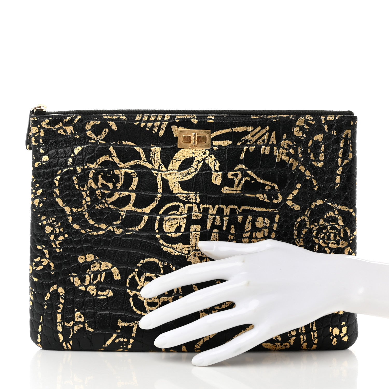 Chanel Calfskin Crocodile Embossed Graffiti 2.55 Medium Cocodile Reissue Cosmetic Case Black Gold 2 of 7