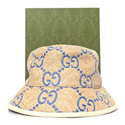 Gucci Raffia GG Monogram Embroidered Fedora Hat XS Beige Blue 9 of 9
