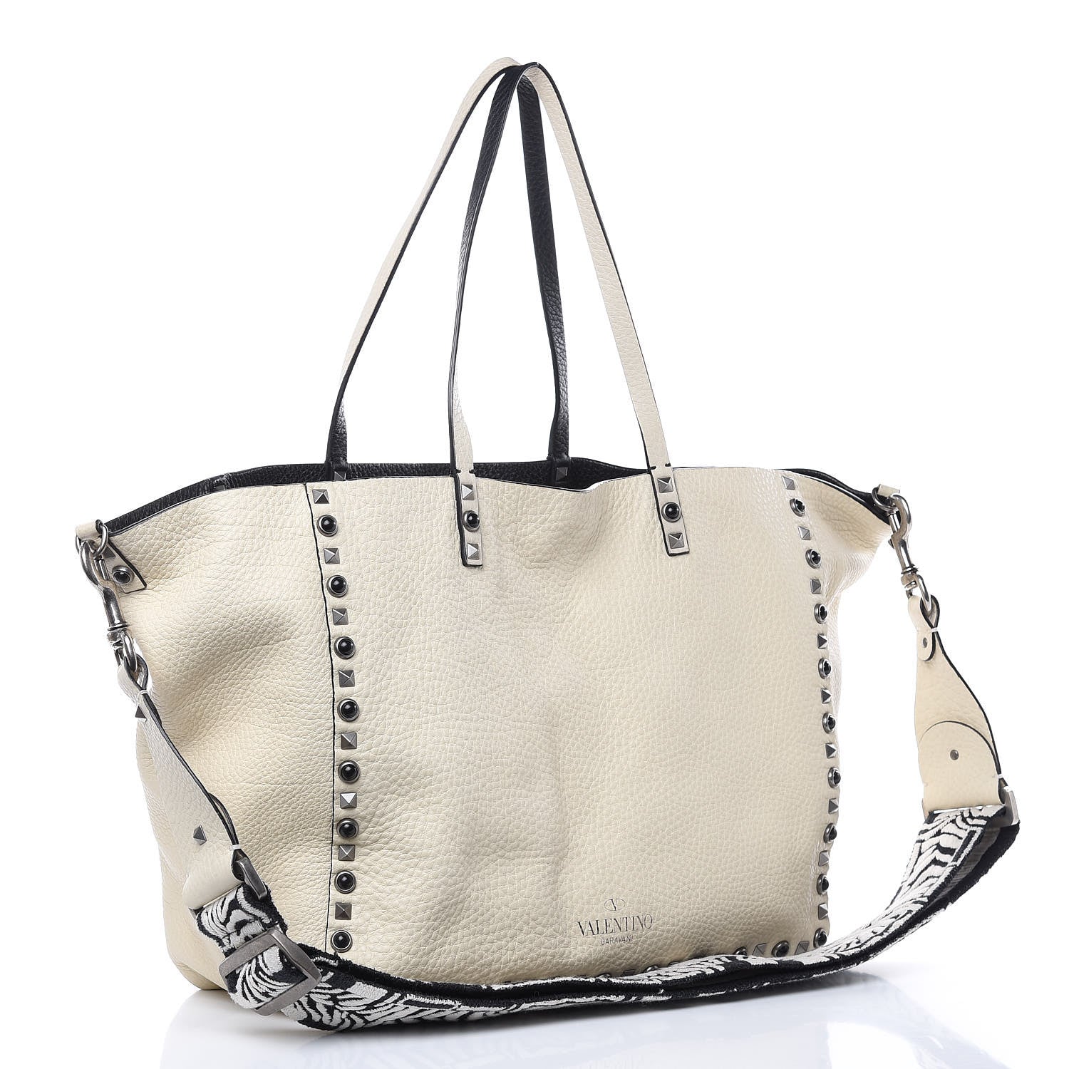 Valentino Garavani Stampa Alce Calfskin Medium Guitar Strap Rockstud Rolling Reversible Tote Black Ivory 5 of 14