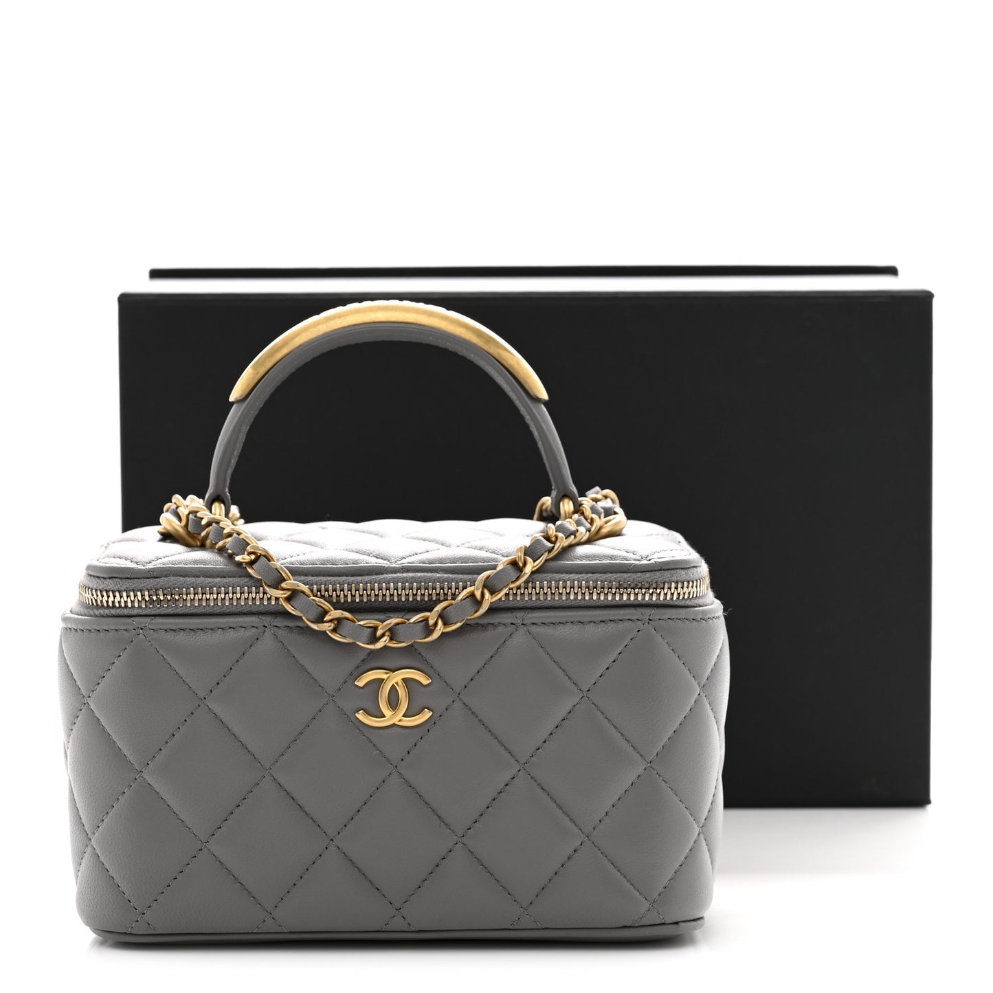 Lambskin Quilted Metal Small Top Handle Vanity Case With Chain Grey