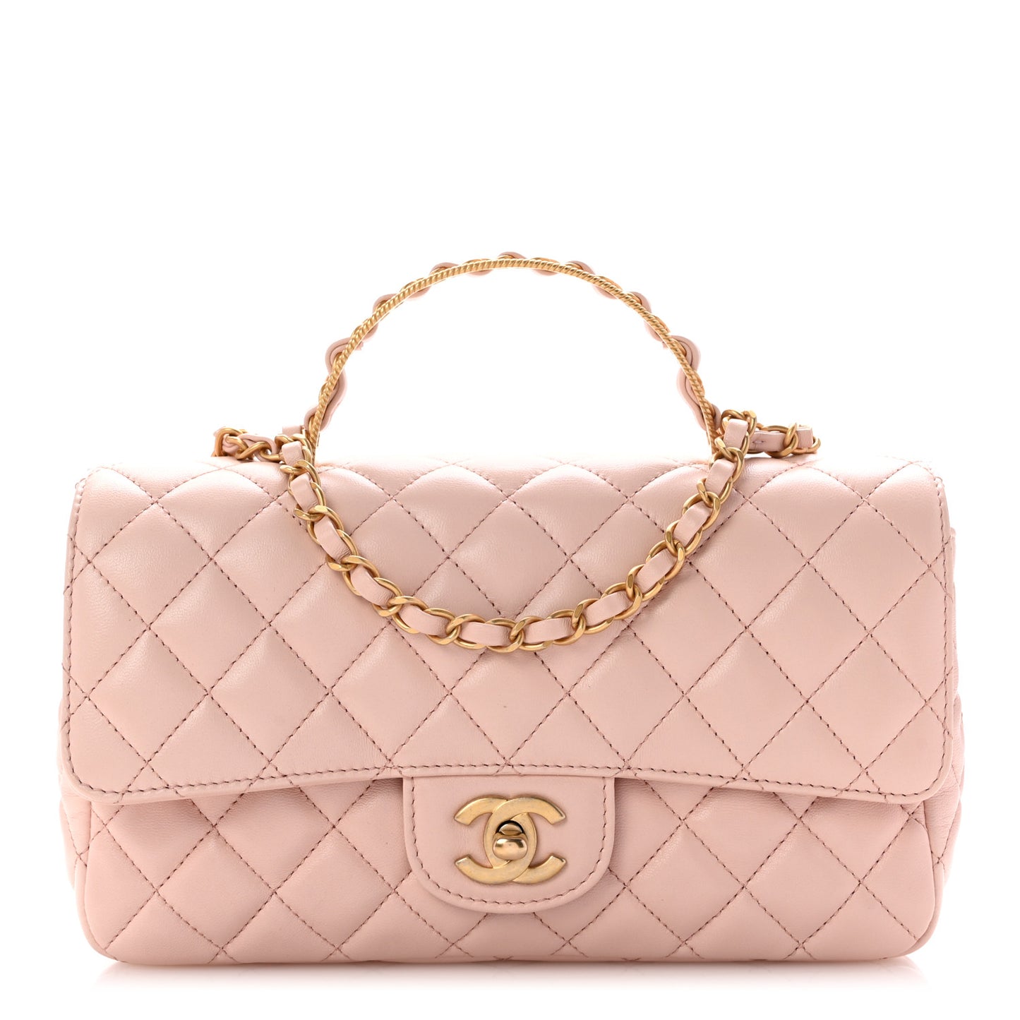 Lambskin Quilted Small Metal Top Handle Flap Light Pink