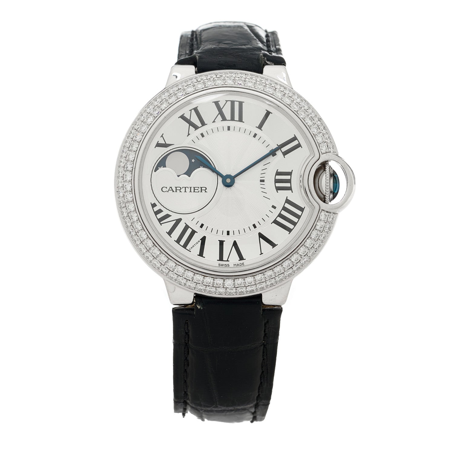 Cartier 18K White Gold Diamond Pave Bezel 37mm Ballon Bleu De Cartier Moonphase Automatic Watch 1 of 4