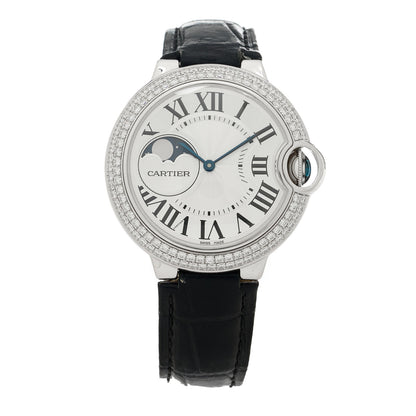 Cartier 18K White Gold Diamond Pave Bezel 37mm Ballon Bleu De Cartier Moonphase Automatic Watch 1 of 4