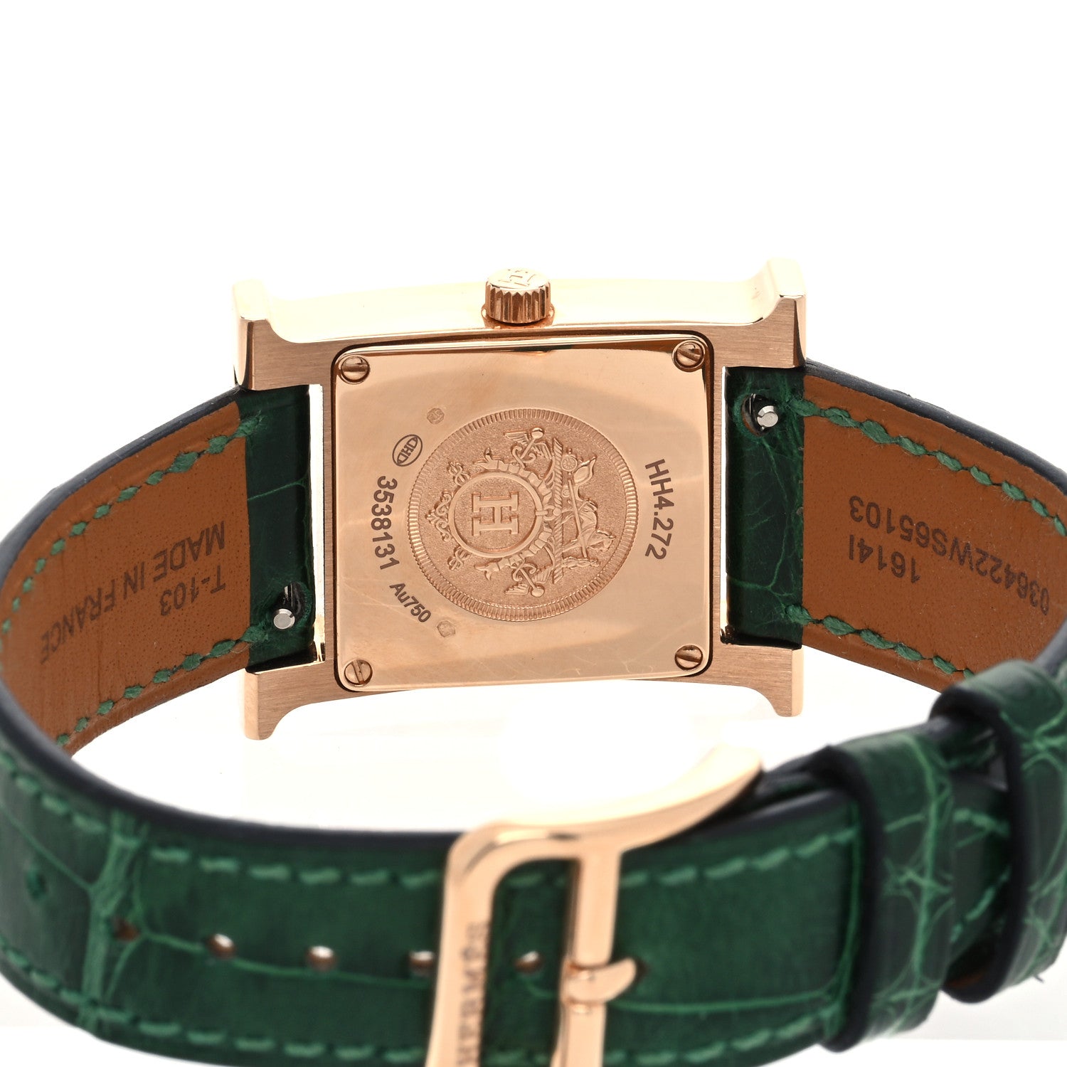 Hermes 18K Rose Gold Alligator Diamond Bezel Malachite 21mm Heure H Hour Quartz Watch Vert Moyen 4 of 5