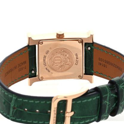 Hermes 18K Rose Gold Alligator Diamond Bezel Malachite 21mm Heure H Hour Quartz Watch Vert Moyen 4 of 5