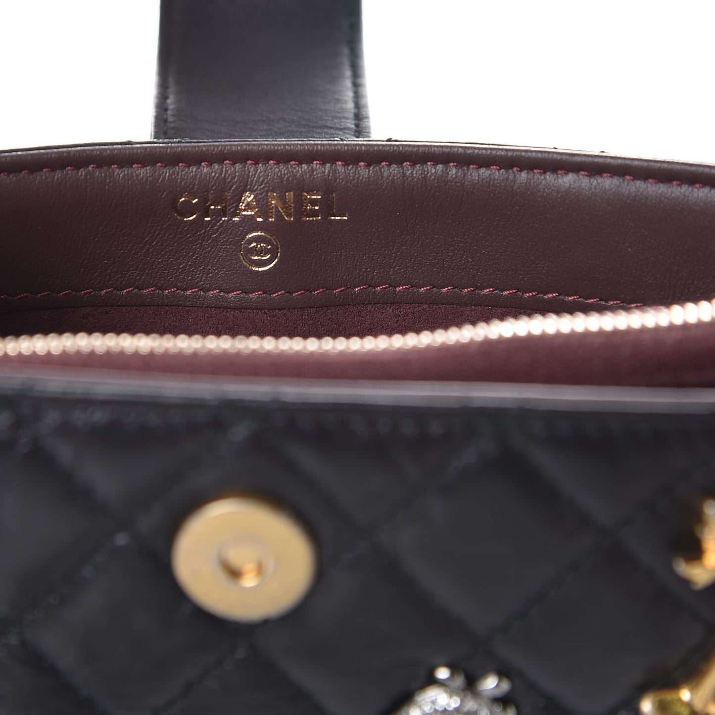 Aged Calfskin Quilted Lucky Charms Mini Phone Holder Clutch Black