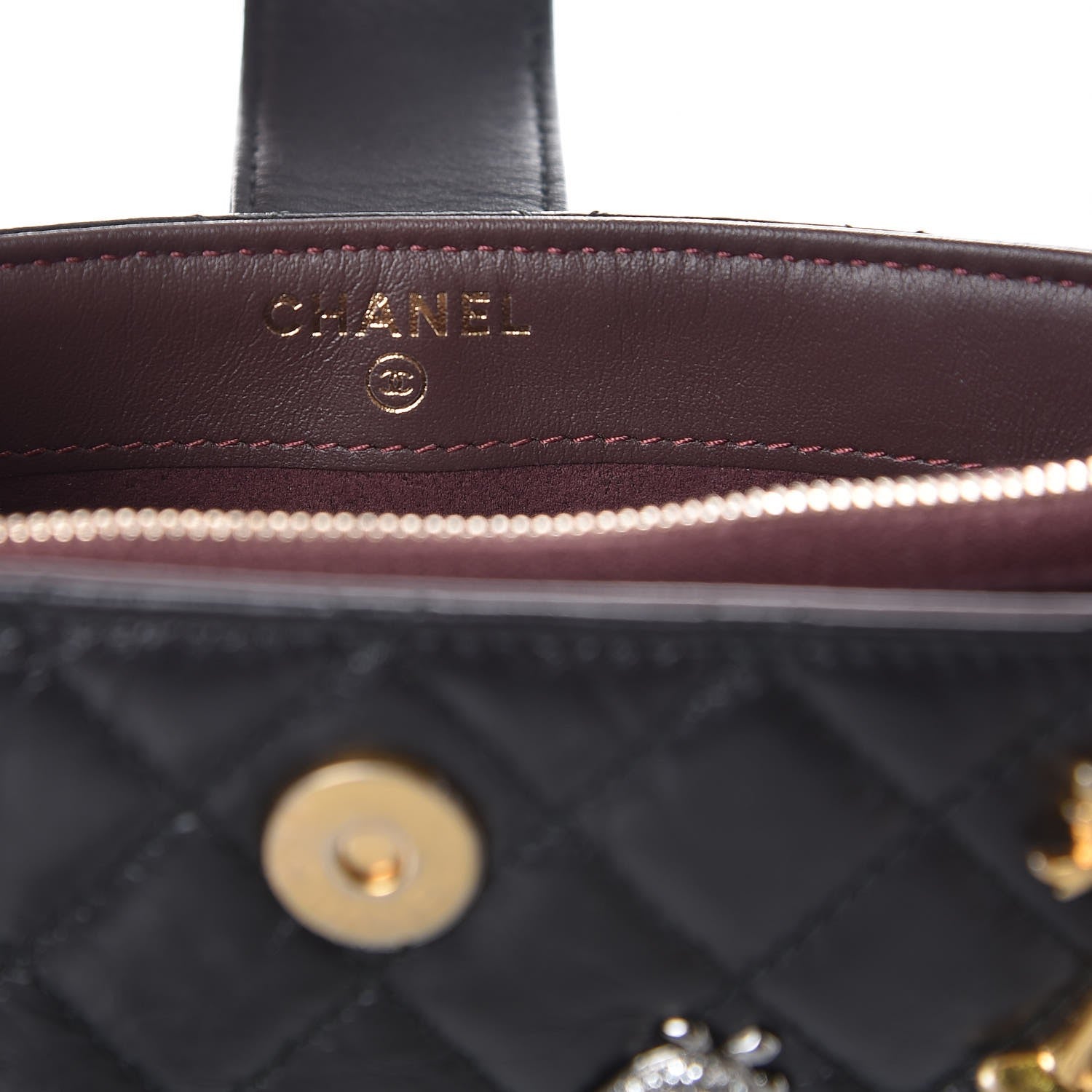 Chanel Aged Calfskin Quilted Lucky Charms Mini Phone Holder Clutch Black 6 of 8