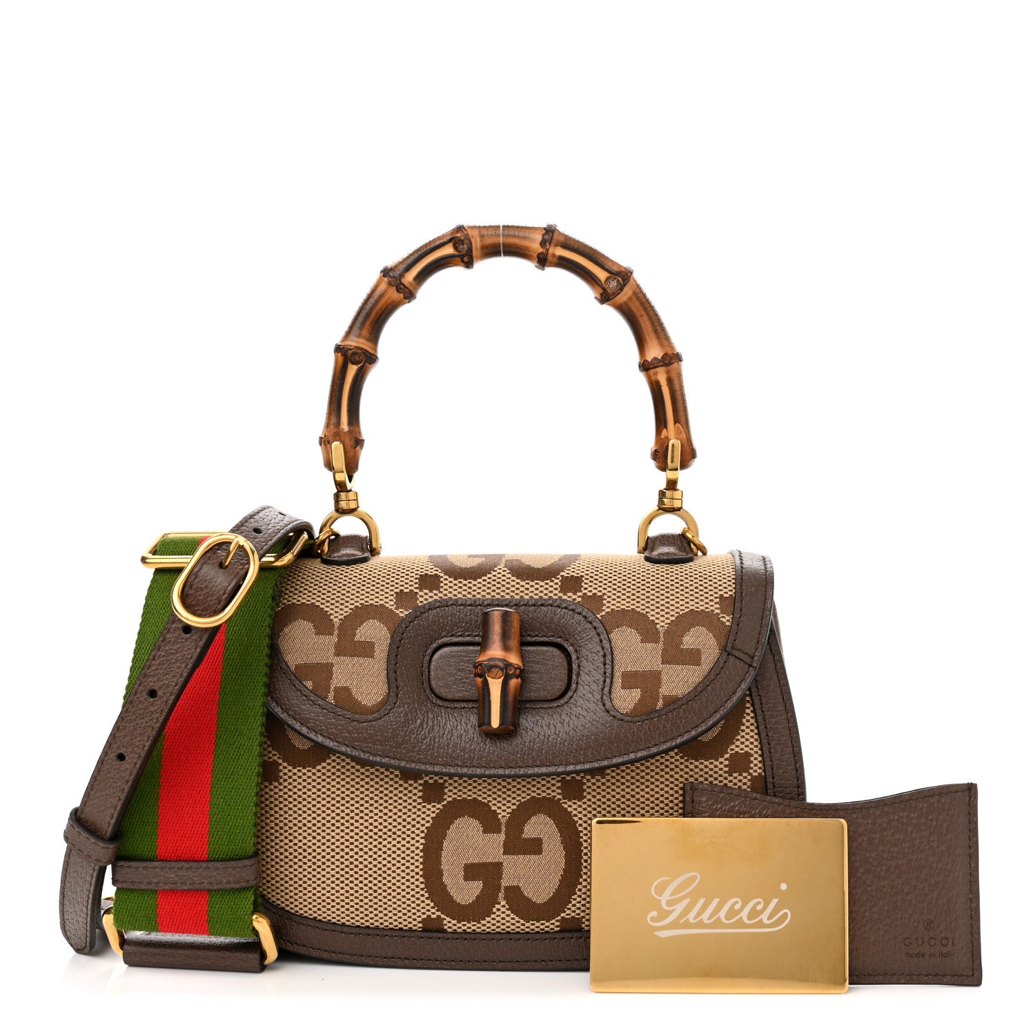 Gucci Monogram Jumbo GG Textured Dollar Calfskin Web Small Bamboo 1947 Top Handle Bag Camel Ebony New Acero 1 of 10