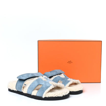 Hermes Suede Goatskin Woolskin Womens Chypre Sandals 39.5 Bleu Pinede Ecru 8 of 8