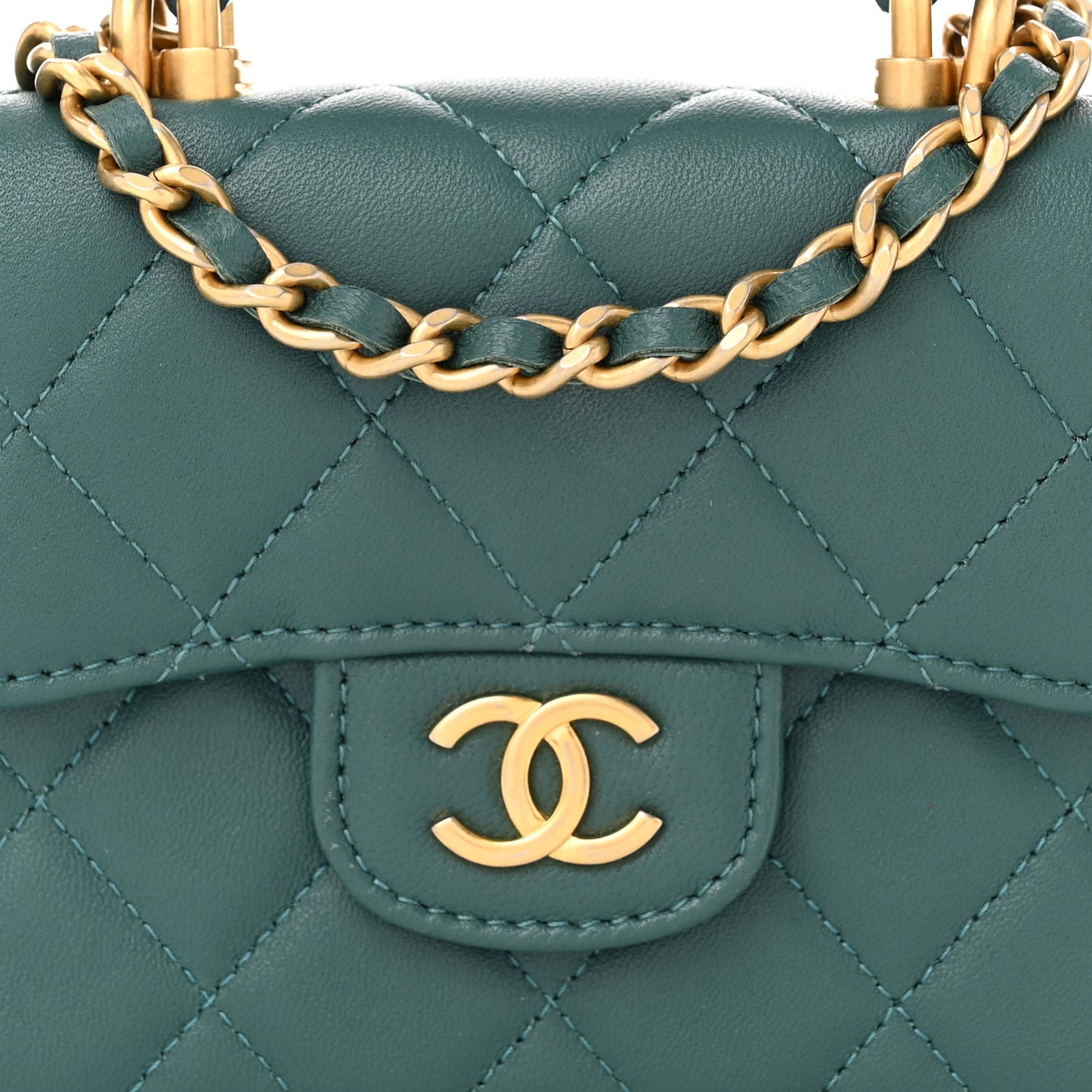 Lambskin Quilted Top Handle Flap Coin Purse With Chain Green