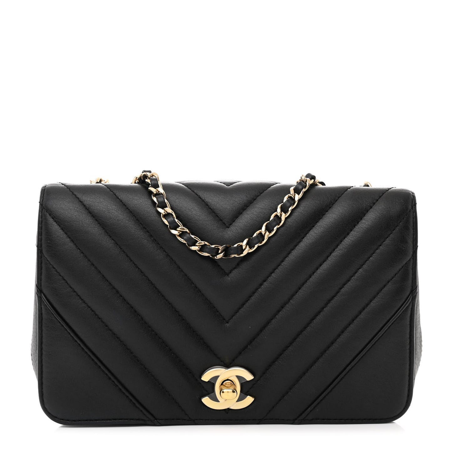 Calfskin Chevron Quilted Mini Statement Flap Black