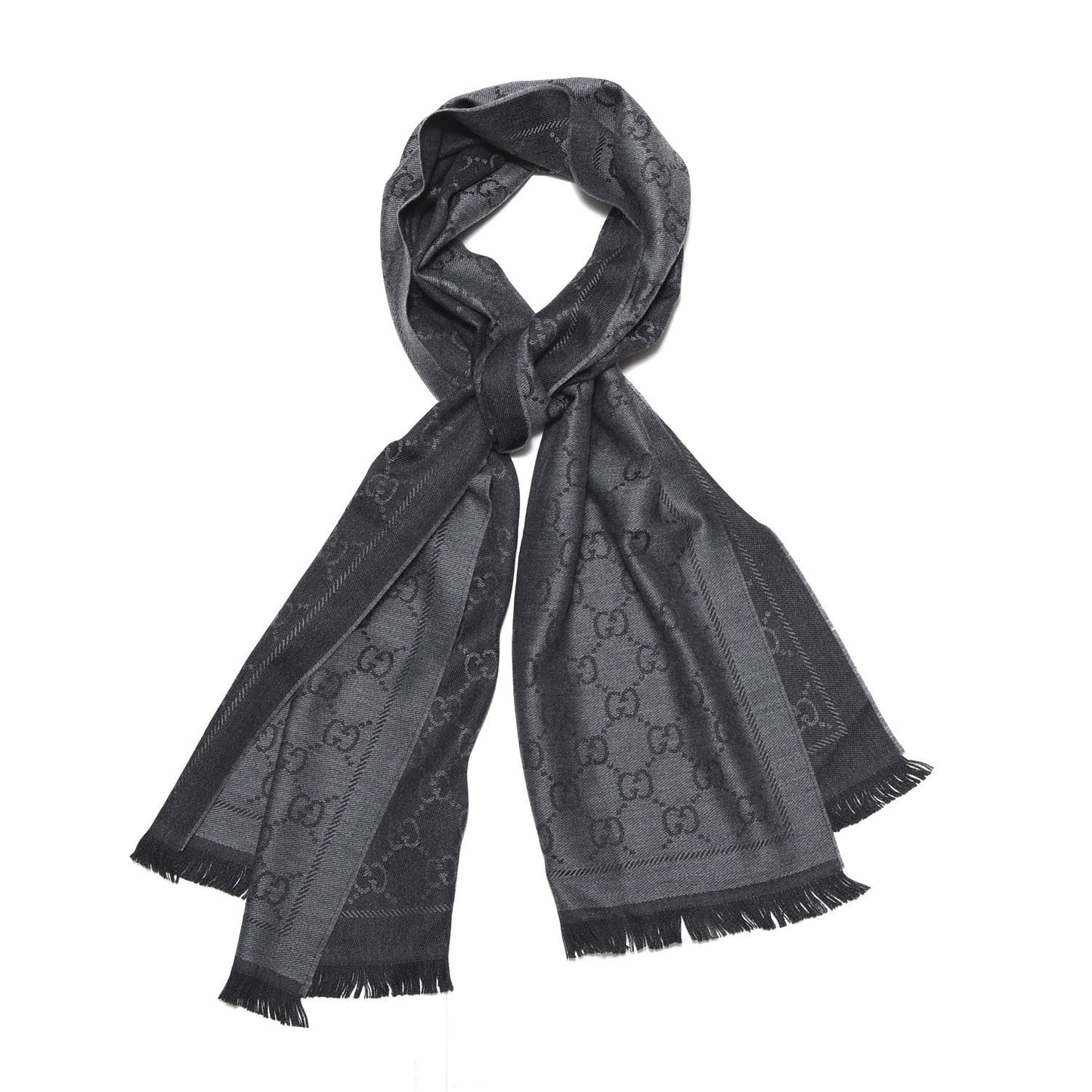 Wool Jacquard GG Monogram Sten Fringe Scarf Anthracite Black
