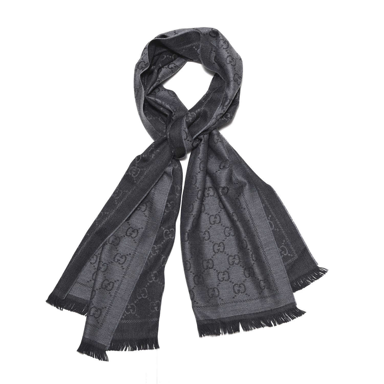 Gucci Wool Jacquard GG Monogram Sten Fringe Scarf Anthracite Black 1 of 2