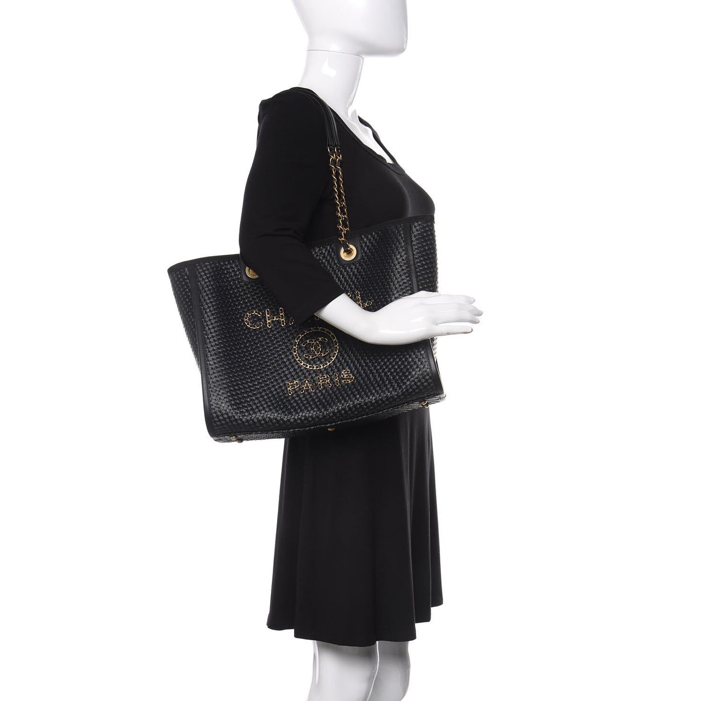 Woven Straw Raffia Small Deauville Tote Black