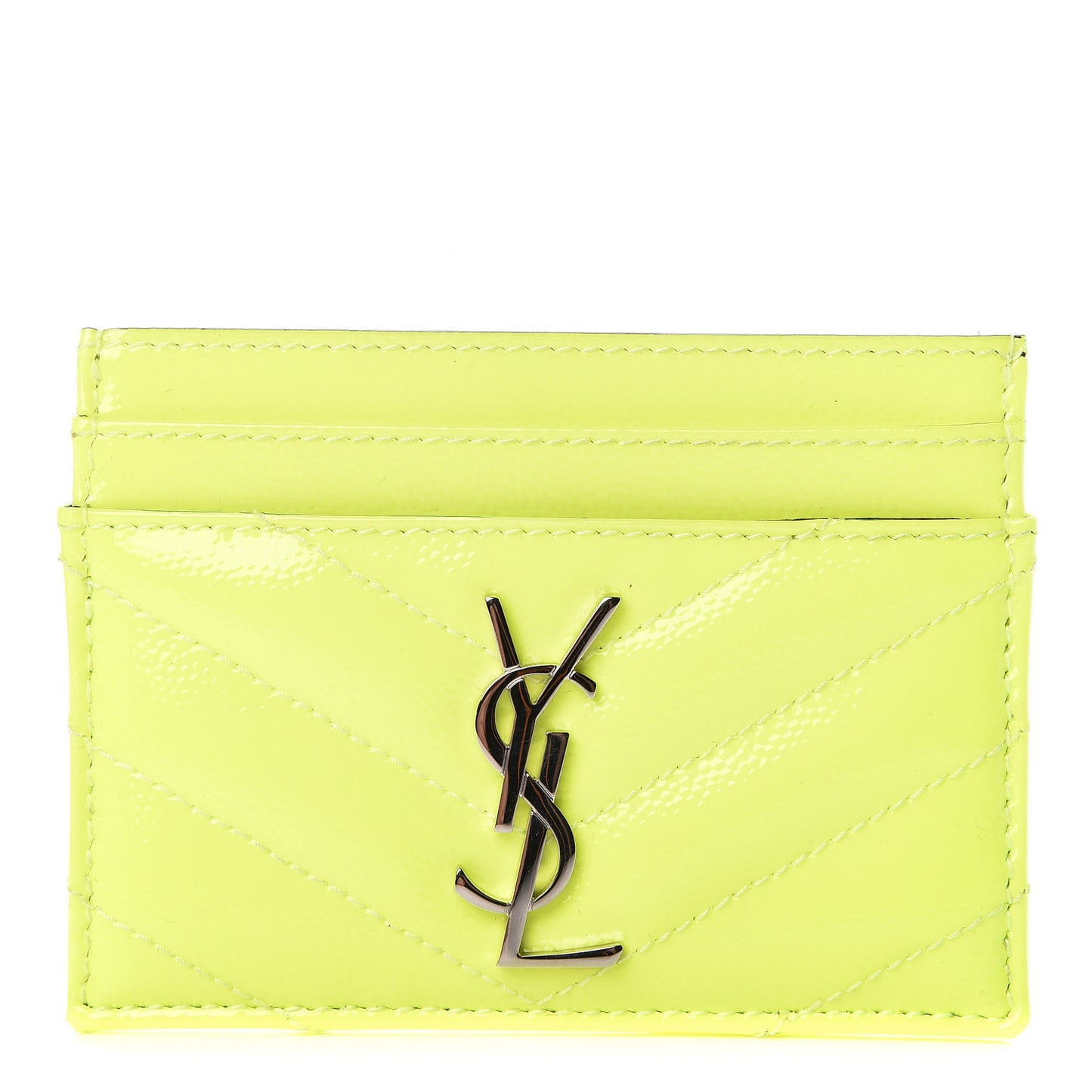 Patent Grain De Poudre Matelasse Chevron Monogram Credit Card Case Neon Yellow