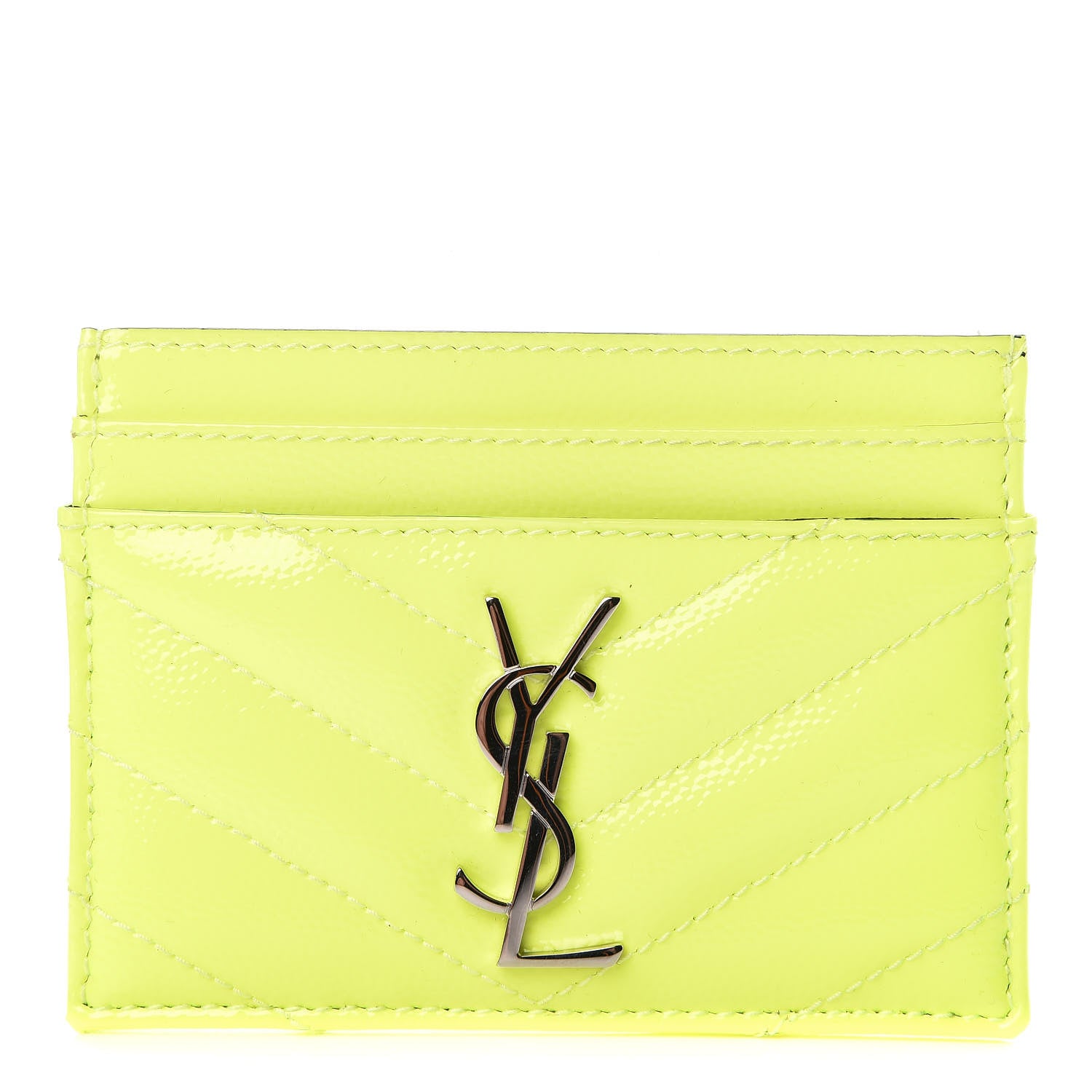 Saint Laurent Patent Grain De Poudre Matelasse Chevron Monogram Credit Card Case Neon Yellow 1 of 7