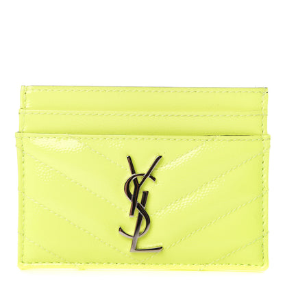 Saint Laurent Patent Grain De Poudre Matelasse Chevron Monogram Credit Card Case Neon Yellow 1 of 7