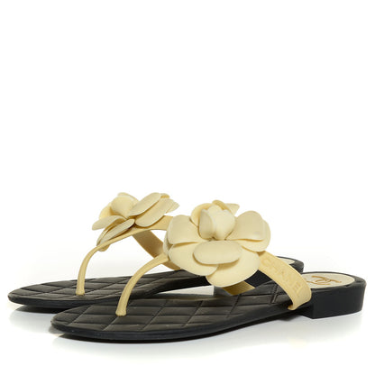 Chanel Jelly Quilted Camellia Thong Sandals 36 Black Beige 3 of 7