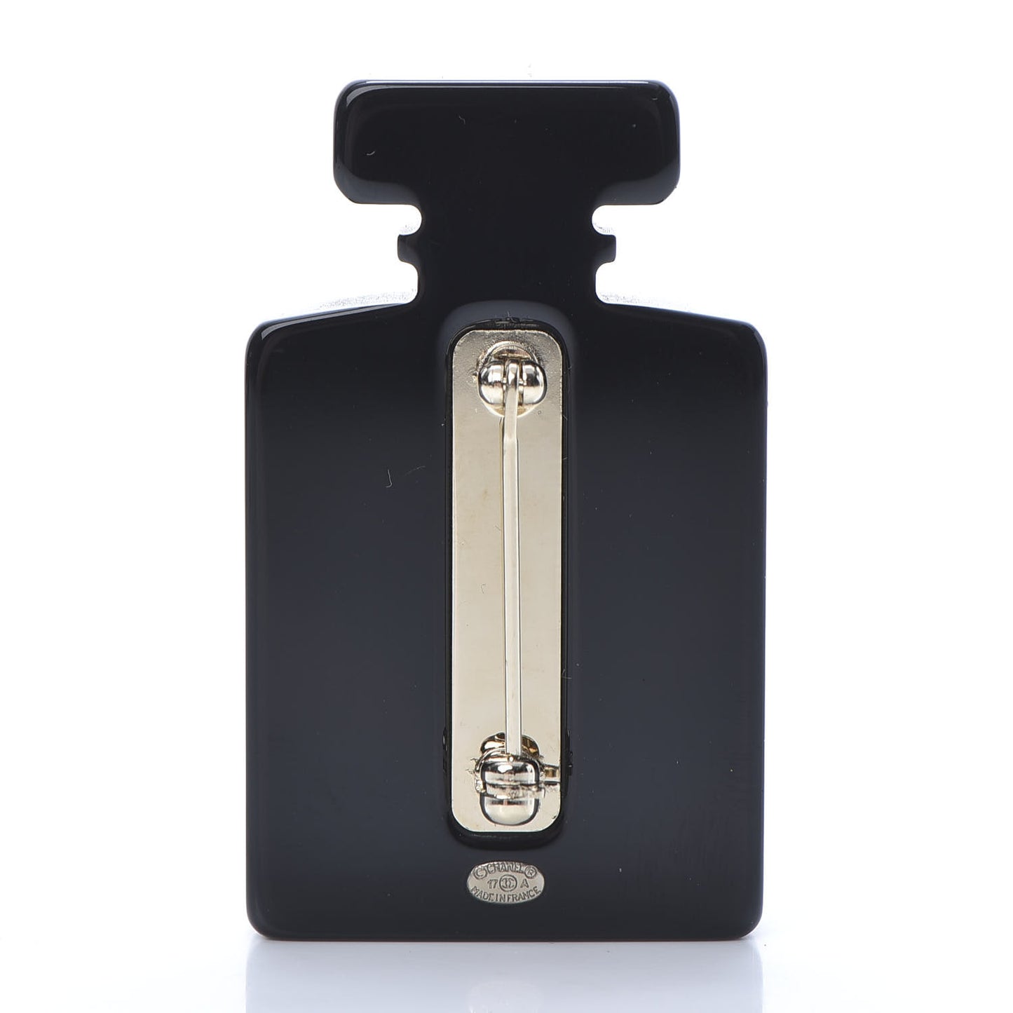 Resin Strass Perfume Bottle CC Brooch Black Gold