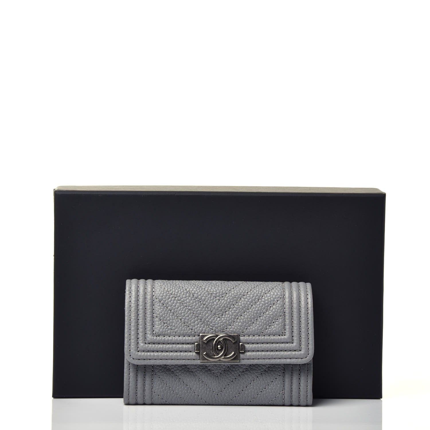 Chanel Caviar Chevron Quilted Boy Flap Card Holder Grey 9 of 9