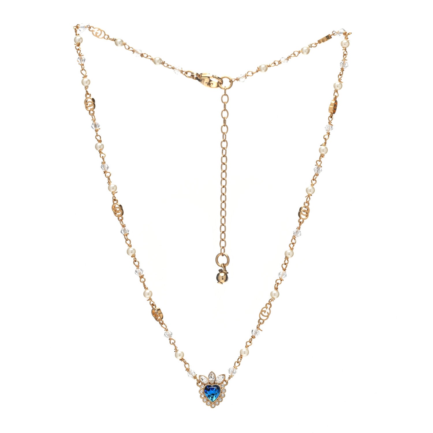 Gucci Metal Crystal Pearl Heart Necklace Gold Blue 3 of 6