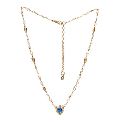 Gucci Metal Crystal Pearl Heart Necklace Gold Blue 3 of 6