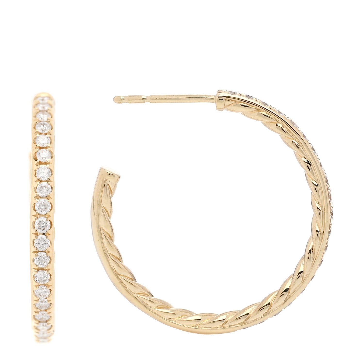 David Yurman 18K Yellow Gold Diamond 25mm Sculpted Cable Pave Hoop Earrings 1 of 4