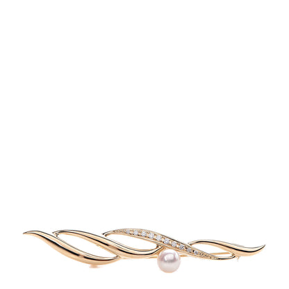 Mikimoto 18K Yellow Gold Diamond Akoya Pearl 7mm Brooch 1 of 4