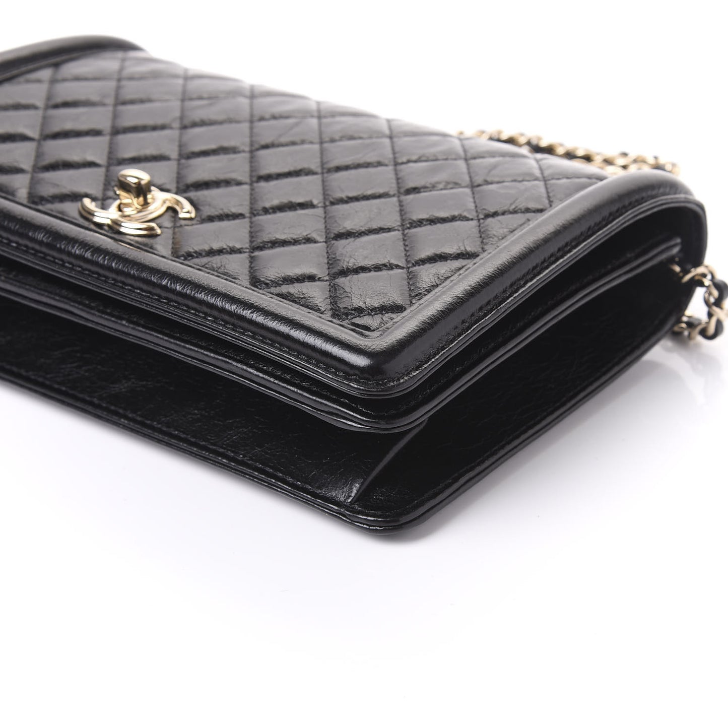 Glazed Crackled Calfskin Wallet On Chain WOC Black