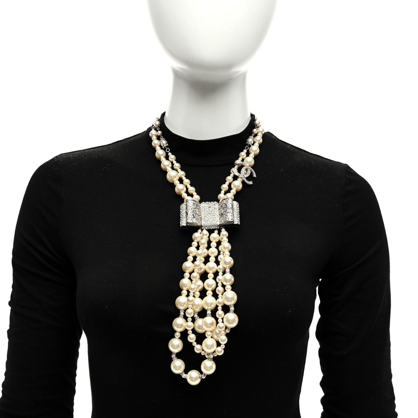 Pearl Crystal CC Bow Lavalier Necklace Silver