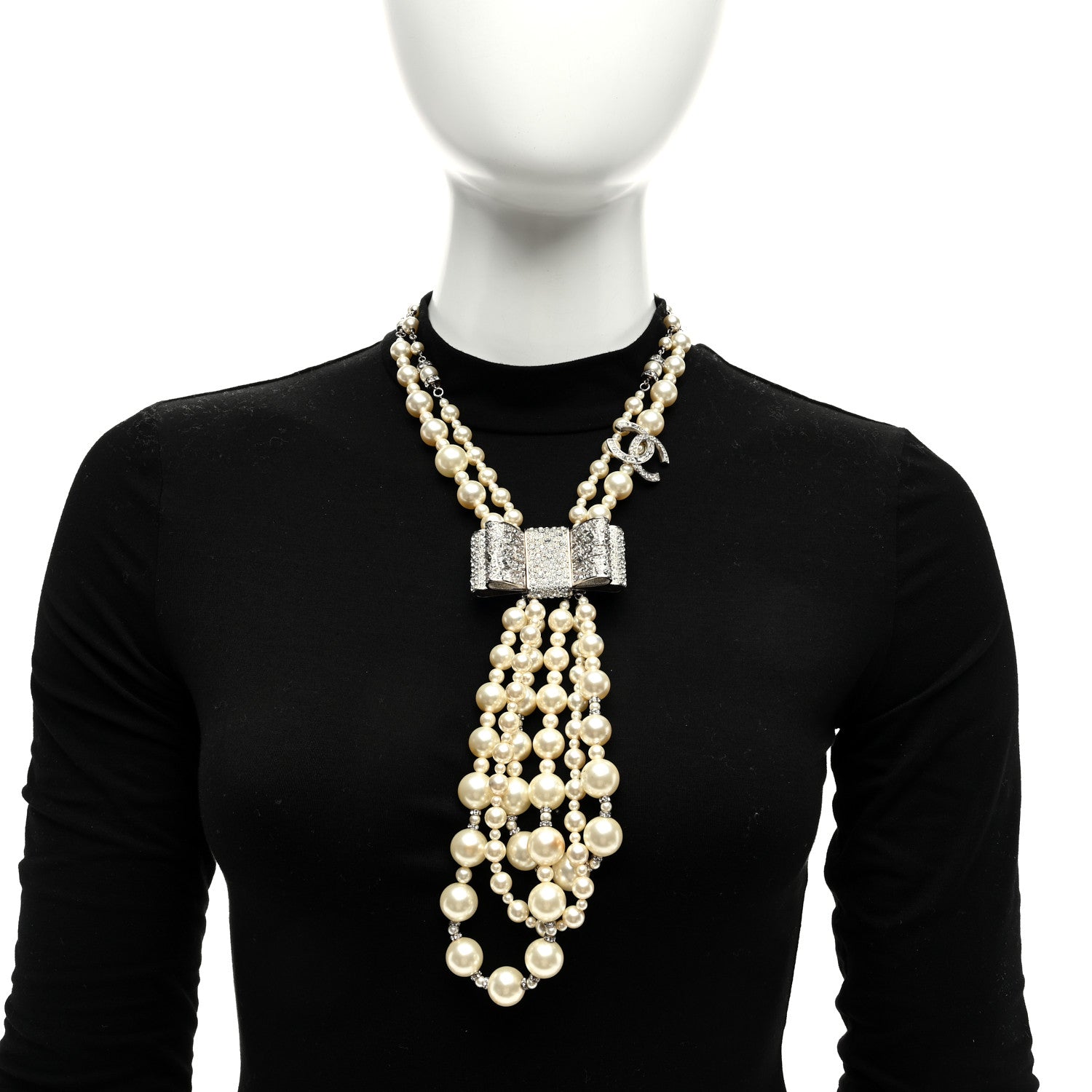 Chanel Pearl Crystal CC Bow Lavalier Necklace Silver 2 of 4