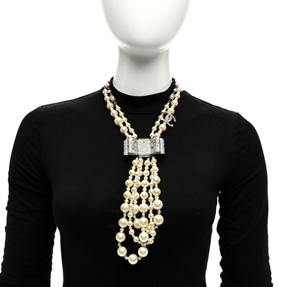 Chanel Pearl Crystal CC Bow Lavalier Necklace Silver 2 of 4
