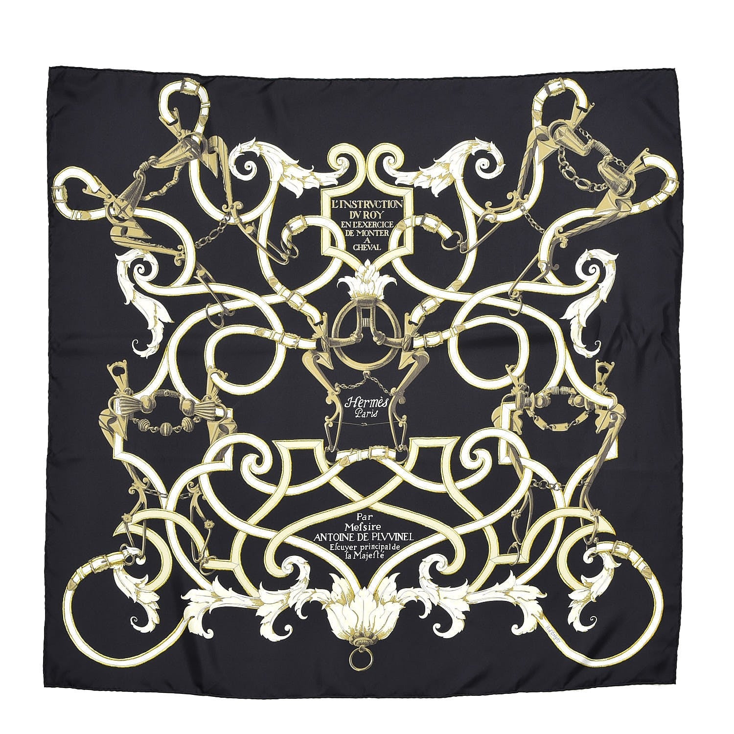 Hermes Silk Scarf L'Instruction Du Roy Scarf 90 Black Gold 1 of 8