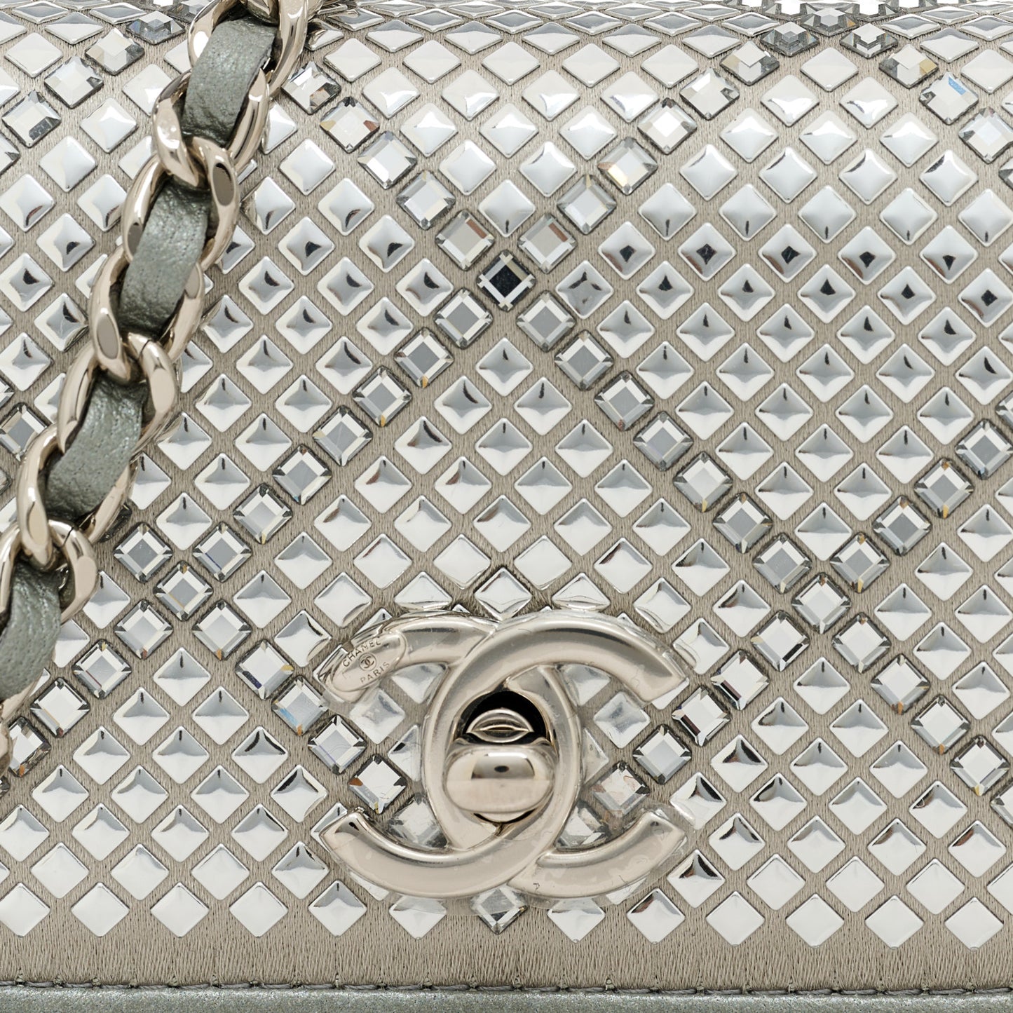 Metallic Lambskin Crystal Quilted Mini Chain Belt Bag Silver