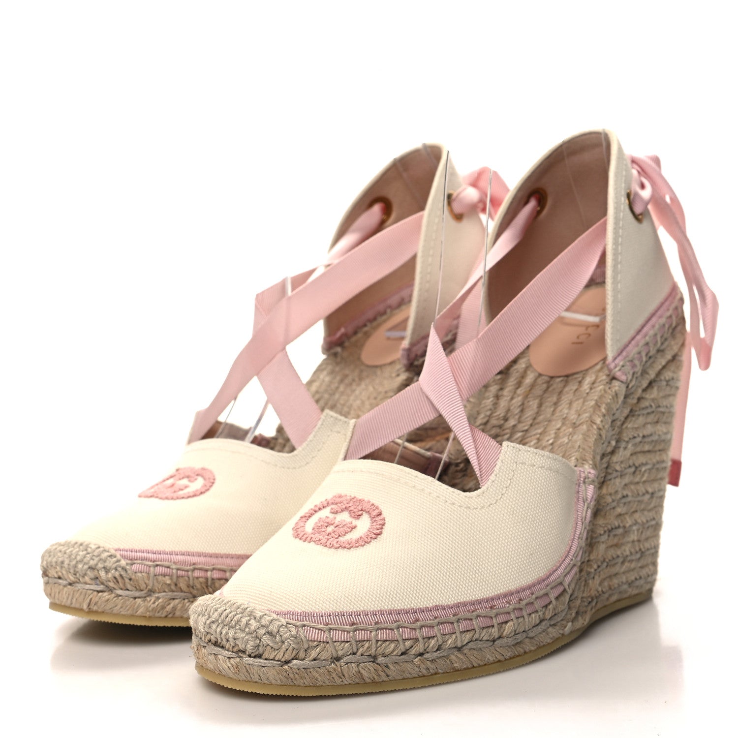 Gucci Canvas Grossgrain Embroidered Judit Ankle Wrap Platform 35/120mm Espadrille Wedges 39 White Shell 3 of 8