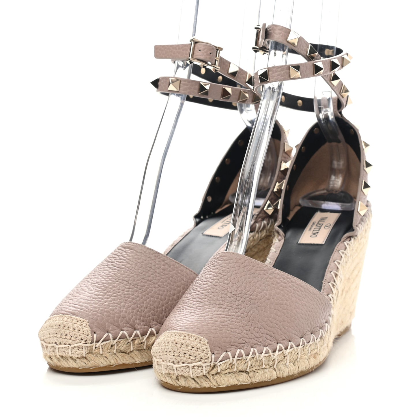 Grained Calfskin Rockstud Ankle Wrap Espadrille 15/85mm Wedges 39 Poudre Natural