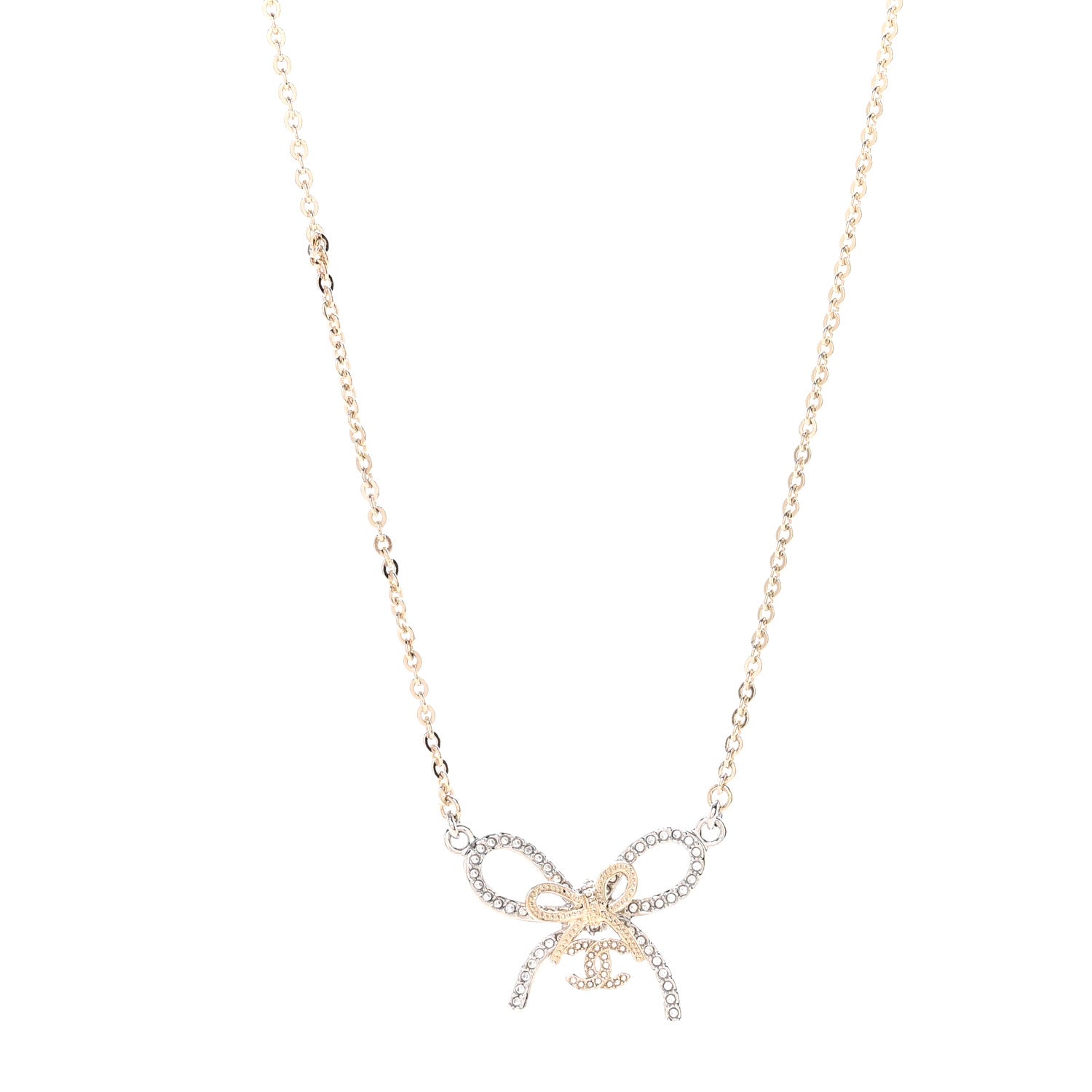 Chanel Crystal CC Bow Pendant Necklace Gold Silver 1 of 7
