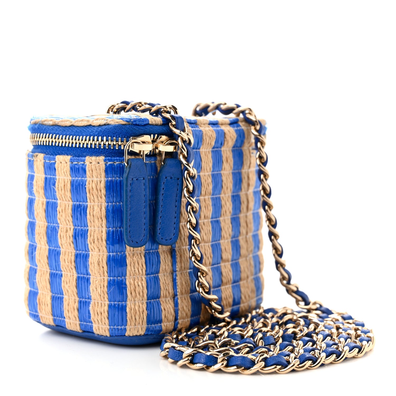 Chanel Raffia Jute Striped Mini Vanity Case With Chain Blue Beige 3 of 11
