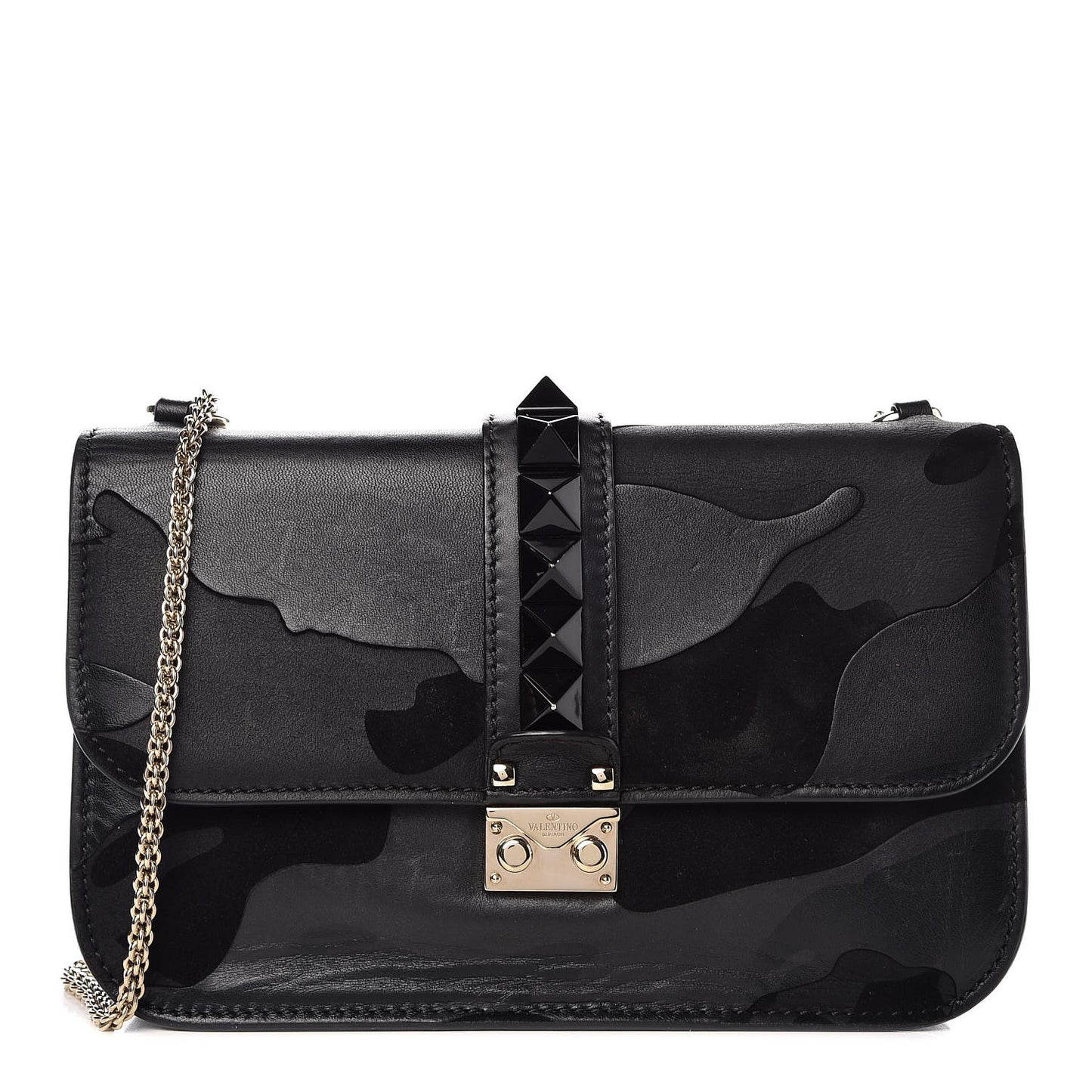 Nappa Canvas Camouflage Medium Glam Lock Rockstud Flap Black