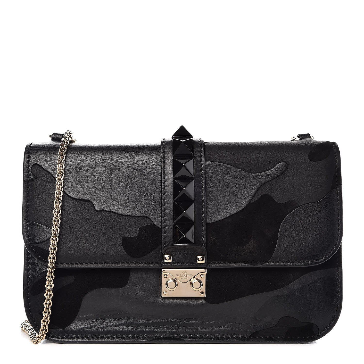 Valentino Garavani Nappa Canvas Camouflage Medium Glam Lock Rockstud Flap Black 1 of 10