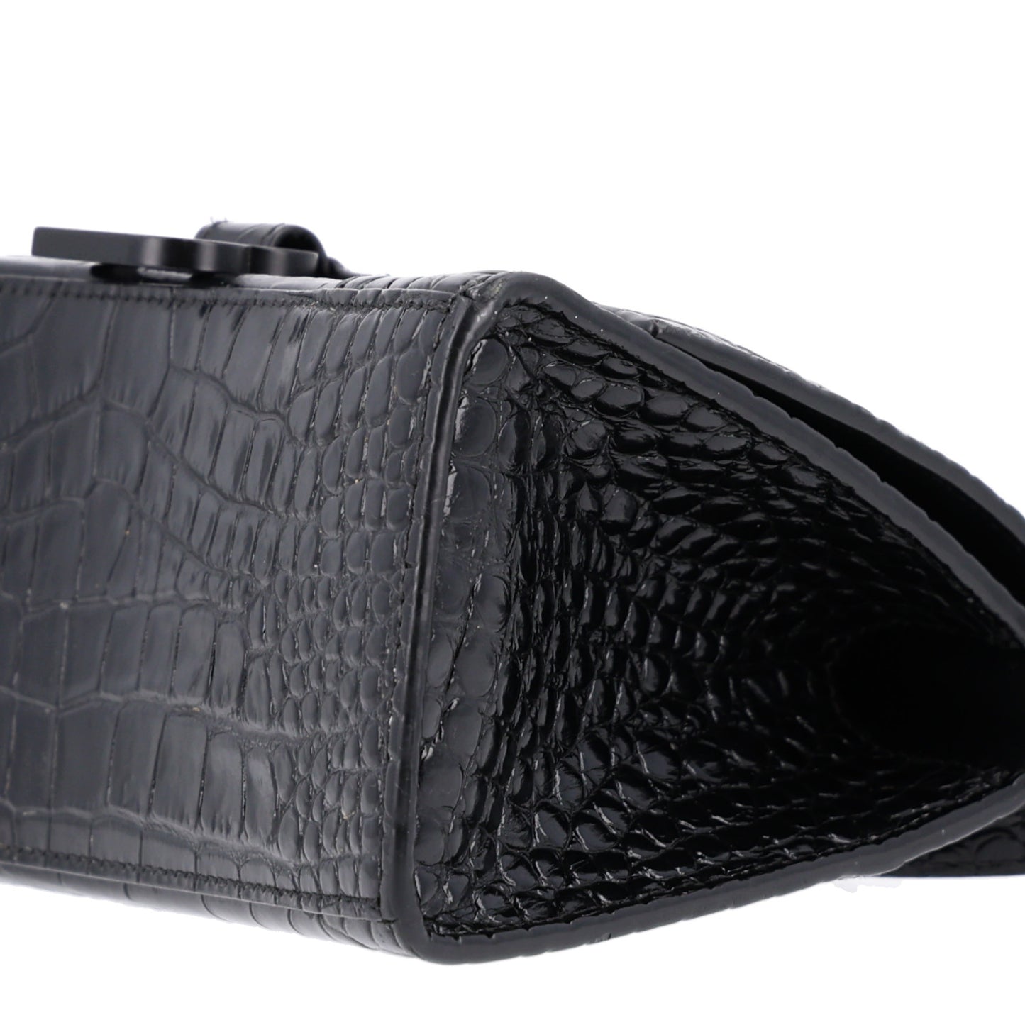 Shiny Calfskin Monochrome Crocodile Embossed Small Hourglass Top Handle Bag Black