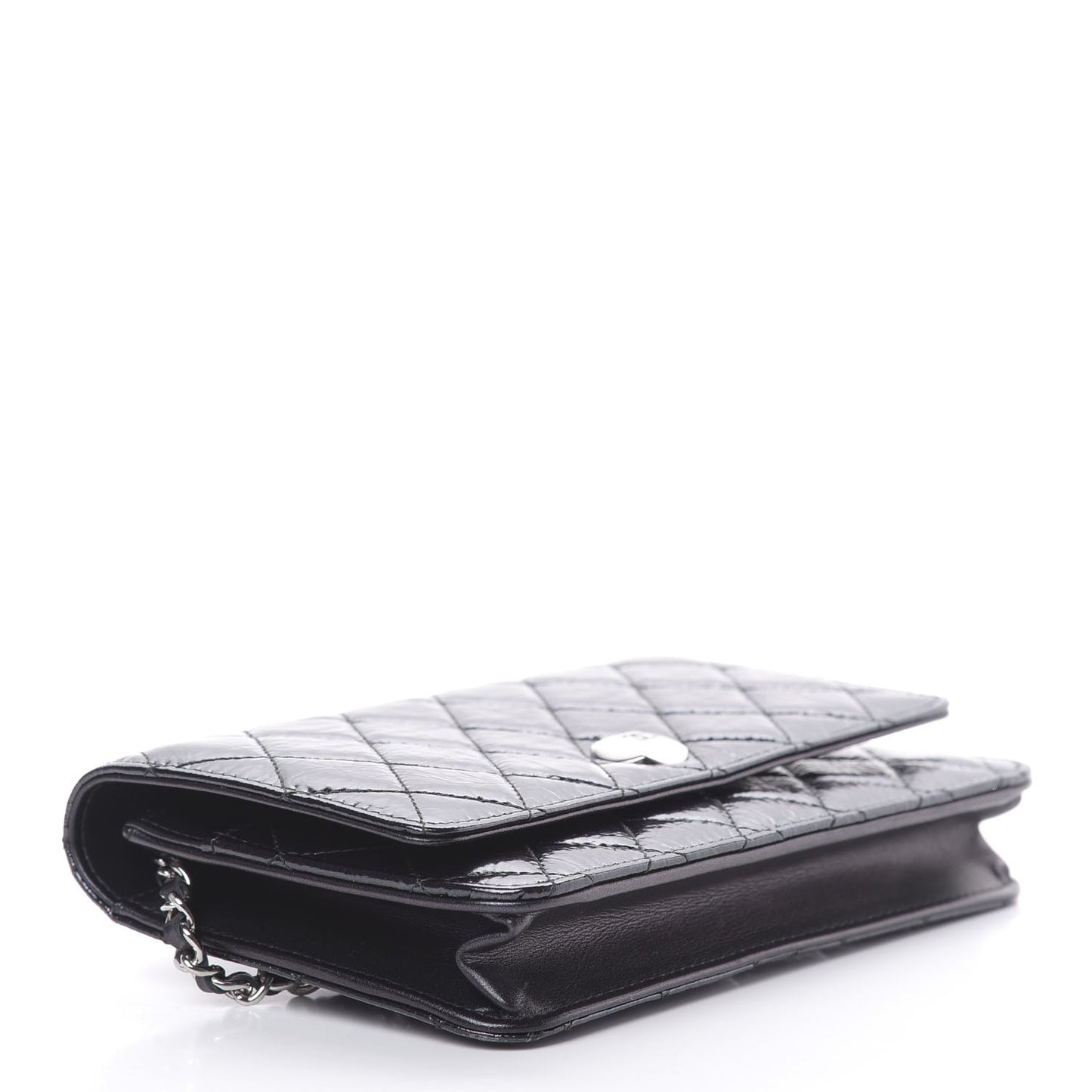 Patent Metallic Crumpled Calfskin Quilted Wallet On Chain WOC Navy